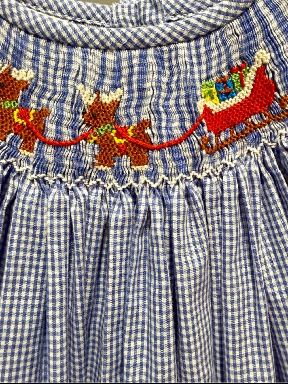 Smocked Reindeer Dress Girls Blue Gingham Holiday Dress Size 18M